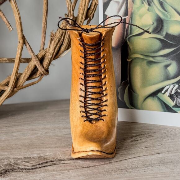 Vintage Hand Carved Wooden Victorian Lace Up Heeled Boot, Folk Art, Miniature - Picture 3 of 6